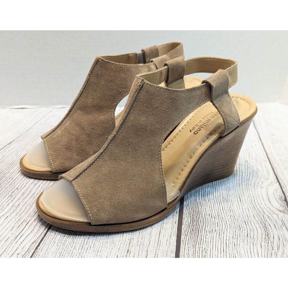Sophia Milano Taupe Leather Suede Slingback Wedges  Sandals Size 9.5